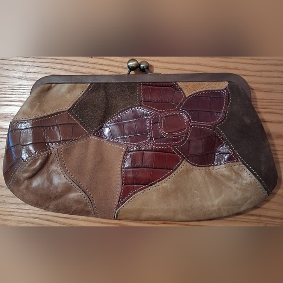 EUC Vintage Fossil Burgundy & Mocha Suede Boho Kiss Lock Clutch Purse Bag - Picture 2 of 10